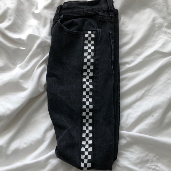 black jeans with checkered stripe